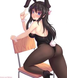 Rule 34 | 1girl, animal ears, ass, bare shoulders, black hair, blue eyes, blush, breasts, chair, fake animal ears, from behind, hair ornament, hairclip, highres, large breasts, leotard, long hair, looking at viewer, looking back, nottytiffy, open mouth, pantyhose, playboy bunny, rabbit ears, rabbit tail, sakurajima mai, seishun buta yarou, sideboob, solo, strapless, strapless leotard, tail