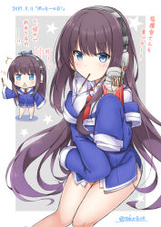 Rule 34 | 1girl, :&lt;, ^^^, airplane hair ornament, azur lane, blue eyes, blue jacket, blush, brown hair, chain, chibi, closed mouth, collared shirt, food, food in mouth, grey background, headphones, highres, holding, jacket, long hair, long island (azur lane), long sleeves, looking at viewer, multiple girls, multiple views, necktie, no shoes, off shoulder, open mouth, parted lips, pocky, pocky day, red neckwear, shirt, sleeves past fingers, sleeves past wrists, socks, standing, star (symbol), t@ke-g, translation request, triangle mouth, twitter username, two-tone background, very long hair, white background, white legwear, white shirt