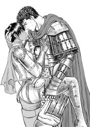Rule 34 | 1boy, 1girl, aki (akistrike), armor, artist name, bandaged arm, bandages, berserk, black hair, blush, boots, cape, casca (berserk), commentary, dark-skinned female, dark skin, elbow gloves, english commentary, gloves, greyscale, guts (berserk), hand on another&#039;s chest, hand on another&#039;s head, hand on another&#039;s thigh, imminent kiss, leg up, looking at another, monochrome, short hair, thigh boots