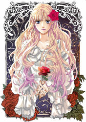 Rule 34 | 1girl, blonde hair, blue eyes, flower, hair flower, hair ornament, highres, holding, holding flower, juri (flawless2020), long hair, looking at viewer, macross, macross frontier, nail polish, own hands together, purple lips, purple nails, red flower, red rose, rose, sheryl nome, solo