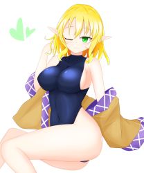 Rule 34 | blonde hair, breasts, brown jacket, unworn clothes, green eyes, heart, highres, jacket, medium breasts, mizuhashi parsee, multicolored clothes, multicolored jacket, navel, one-piece swimsuit, one eye closed, pointy ears, short hair, shunki, simple background, skin tight, solo, swimsuit, thick thighs, thighs, touhou, white background