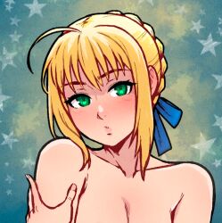 Rule 34 | 1girl, ahoge, akairiot, artoria pendragon (all), artoria pendragon (fate), bare shoulders, blonde hair, blush, braid, breasts, commentary, english commentary, fate/stay night, fate (series), green eyes, hair ribbon, looking at viewer, medium breasts, nude, parted lips, ribbon, saber (fate), short bangs, short hair, solo, star (symbol), upper body