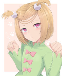 Rule 34 | 1girl, absurdres, blush, bow, brown background, brown hair, closed mouth, commentary request, copyright request, dress, fingernails, forehead, green dress, hair ornament, hands up, highres, long sleeves, looking at viewer, pink bow, purple eyes, sidelocks, sleeves past wrists, solo, temari rin, two-tone background, white background