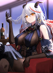 Rule 34 | 1girl, absurdres, aegir (azur lane), azur lane, bad id, bad pixiv id, bare shoulders, black cape, blurry, blurry background, bodystocking, boots, bottle, breast curtains, breasts, brown gloves, cape, cross, cross-laced clothes, cross earrings, demon horns, earrings, elbow gloves, gloves, hair between eyes, hair on horn, hand in own hair, highres, horns, impossible clothes, jewelry, knee boots, large breasts, long hair, looking at viewer, multicolored hair, orange eyes, red hair, single knee boot, sitting, skin tight, solo, streaked hair, two-tone hair, underbust, very long hair, white hair, zen.nico