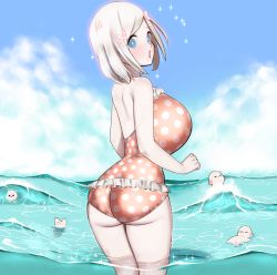 Rule 34 | 1girl, ass, back, blue eyes, breasts, day, dskn, freckles, from behind, hair ornament, huge breasts, looking back, ocean, one-piece swimsuit, original, pale skin, polka dot, polka dot swimsuit, sheep, short hair, silver hair, solo, sparkle, swimsuit, wading