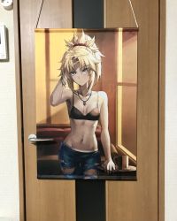 Rule 34 | 1girl, arm behind head, bandeau, blonde hair, blue eyes, bracelet, breasts, couch, denim, door, door handle, fate/apocrypha, fate (series), hanging scroll, highres, jeans, jewelry, midriff, mordred (fate), mordred (fate/apocrypha), navel, necklace, pants, poster (medium), red scrunchie, scroll, scrunchie, shorts, small breasts, tonee, torn clothes, torn jeans, torn pants, window, wooden door, wooden wall