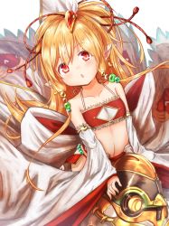 Rule 34 | 10s, 1girl, animal ears, bandeau, baram, beads, blonde hair, blush, chestnut mouth, collarbone, commentary request, detached sleeves, flat chest, granblue fantasy, hair beads, hair ornament, hands in opposite sleeves, harvin, long hair, looking at viewer, mahira (granblue fantasy), midriff, navel, parted lips, pelvic curtain, petite, red eyes, solo