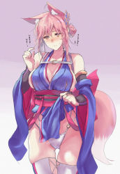 Rule 34 | 1girl, animal ears, bare shoulders, black gloves, blue kimono, blue sleeves, blush, breasts, breath, bridal gauntlets, brown eyes, cleavage, closed mouth, clothes lift, commentary request, cowboy shot, detached sleeves, fox ears, fox girl, fox tail, frown, gloves, gradient background, grey background, hair ornament, hand in own hair, highleg, highleg panties, japanese clothes, kimono, kimono lift, large breasts, lifting own clothes, long hair, looking at viewer, multi-strapped panties, o-ring, o-ring bottom, o-ring panties, original, panties, pelvic curtain, pink hair, red sash, sash, sawaya (mizukazu), short hair, skindentation, sleeveless, sleeveless kimono, solo, standing, tail, thigh gap, thighhighs, translated, underwear, white thighhighs