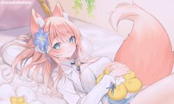 Rule 34 | 1girl, animal ear fluff, animal ears, bare legs, blue eyes, blue flower, blue ribbon, blush, breasts, character request, cleavage, commentary, copyright request, dress, flower, fox ears, fox tail, hair flower, hair ornament, hands on own stomach, indoors, large breasts, long hair, looking at viewer, lying, on back, on bed, orange hair, ribbon, smile, solo, suzuho hotaru, symbol-only commentary, tail, tareme, white dress