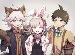 Rule 34 | 1girl, 2boys, ahoge, alternate costume, animal ears, animal hands, asuna (doruru-mon), bad id, bad pixiv id, black jacket, blouse, blunt bangs, bow, breasts, brown fur, collared shirt, danganronpa (series), danganronpa 2: goodbye despair, fake animal ears, fake tail, flipped hair, food, fork, fruit, gloves, hair between eyes, halloween costume, hands up, highres, hinata hajime, holding, holding food, holding fork, holding fruit, holding knife, jacket, knife, komaeda nagito, light brown hair, long sleeves, looking at another, looking at viewer, medium breasts, medium hair, multiple boys, nanami chiaki, open clothes, open jacket, open mouth, paw gloves, polka dot, rabbit ears, red bow, shirt, short hair, sparkle, striped clothes, striped shirt, suspenders, tail, teeth, upper body, upper teeth only, white gloves, wolf ears, yellow shirt