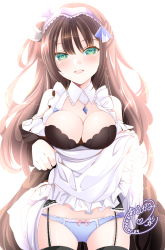 Rule 34 | 1girl, :d, apron, apron lift, azur lane, backlighting, black dress, black thighhighs, blue gemstone, blue panties, blush, breasts, brown hair, cleavage, clothes lift, collar, commentary request, cowboy shot, dated, detached collar, dress, flashing, frilled apron, frilled dress, frills, garter straps, gem, glint, green eyes, groin, highres, jewelry, large breasts, lifting own clothes, long hair, long sleeves, looking at viewer, maid, maid apron, maid headdress, newcastle (azur lane), off-shoulder dress, off shoulder, open mouth, origami aya, panties, pendant, ribbon-trimmed panties, sidelocks, signature, skirt, skirt lift, smile, solo, sparkle, standing, teeth, thighhighs, two side up, underwear, upper teeth only, white apron, white background, white collar, zettai ryouiki