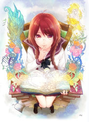 Rule 34 | 1girl, bad id, bad pixiv id, book, braid, chair, finger to mouth, flower, from above, full body, glasses, hair over shoulder, holding, holding book, long hair, mei (325ks46), open book, original, pop-up book, red eyes, red hair, rose, school uniform, sitting, skirt, solo, too many, too many books, twin braids