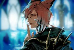 Rule 34 | 1boy, animal ears, black robe, cat boy, cat ears, closed mouth, crystal exarch, facial mark, final fantasy, final fantasy xiv, finger to mouth, g&#039;raha tia, highres, kin mokusei, light smile, looking at viewer, looking back, male focus, material growth, miqo&#039;te, pointing, red eyes, red hair, robe, short hair, solo, swept bangs, upper body
