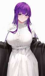 Rule 34 | 1girl, baige0, black robe, blunt bangs, breasts, closed mouth, dress, fern (sousou no frieren), large breasts, long hair, looking at viewer, no panties, purple eyes, purple hair, robe, see-through, see-through dress, solo, sousou no frieren, very long hair, white background, white dress