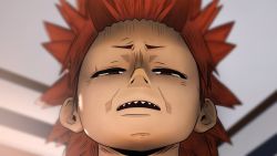 Rule 34 | 1boy, blurry, blurry background, boku no hero academia, ceiling, commentary, english commentary, forehead, from below, furrowed brow, greatm8, half-closed eyes, kirishima eijirou, looking at viewer, looking down, male focus, meme, open mouth, parted lips, portrait, red eyes, red hair, short eyebrows, short hair, solo, source filmmaker (medium), spiked hair, teeth