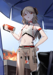 Rule 34 | 1girl, absurdres, arknights, arm strap, bare arms, bare shoulders, bikini, choker, commentary request, cowboy shot, fire, hair down, highres, holding, horns, ifrit (arknights), ifrit (sunburn) (arknights), long hair, material growth, navel, official alternate costume, open mouth, oripathy lesion (arknights), red eyes, silver hair, solo, spatula, standing, stomach, swimsuit, thighs, veolia, white bikini