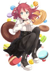 Rule 34 | 1girl, bad id, bad twitter id, black pantyhose, blouse, blue eyes, boots, bow, bowtie, buttons, candy, center frills, doughnut, dress, food, frills, full body, hair bobbles, hair ornament, hands on own chest, high-waist skirt, hiwatari rin, looking at viewer, macaron, messy hair, original, pantyhose, red hair, shirt, skirt, sleeve cuffs, smile, solo, thighband pantyhose, white background
