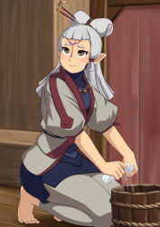 Rule 34 | 1girl, barefoot, blue dress, blunt bangs, brown eyes, bucket, commentary request, dress, facial mark, feet, forehead mark, full body, grey hair, grey pants, hair ornament, hair stick, highres, jewelry, kneeling, leggings, long hair, necklace, nemui333, nintendo, pants, paya (zelda), pointy ears, puffy short sleeves, puffy sleeves, short sleeves, smile, solo, the legend of zelda, the legend of zelda: breath of the wild, thick eyebrows, toes, turtleneck, wooden bucket, wringing clothes