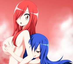 Rule 34 | 2girls, blue hair, grabbing another&#039;s breast, breasts, brown eyes, deep skin, erza scarlet, fairy tail, female focus, grabbing, hair over one eye, large breasts, long hair, multiple girls, nipples, nude, open mouth, red eyes, red hair, smile, surprised, tattoo, tongue, wendy marvell, yuri