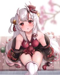 Rule 34 | 1girl, absurdres, bell, black kimono, blurry, blurry foreground, branch, breasts, cherry blossoms, collarbone, cup, double bun, flower knot, hair bell, hair bun, hair ornament, highres, hololive, horns, japanese clothes, kimono, long hair, looking up, mask, mask on head, multicolored hair, nakiri ayame, nakiri ayame (1st costume), off shoulder, oni mask, open mouth, petals, red eyes, red hair, red mask, red shirt, shirt, short kimono, silver hair, sitting, skin-covered horns, sleeveless, sleeveless shirt, solo, streaked hair, teacup, teeth, thighhighs, thighs, two-tone hair, una hirag, upper teeth only, virtual youtuber, white background, white thighhighs