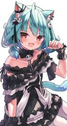 Rule 34 | 1girl, :d, ahoge, animal ear fluff, animal ears, black dress, blush, cat ears, cat tail, detached collar, dress, fang, green hair, hair ornament, highres, hololive, looking at viewer, medium hair, namaonpa, open mouth, paw pose, short twintails, simple background, skin fang, skull hair ornament, smile, solo, tail, twintails, uruha rushia, uruha rushia (3rd costume), virtual youtuber, white background, white legwear, wrist cuffs