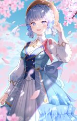 Rule 34 | 1girl, ayaka (genshin impact), back bow, blue bow, blue dress, blue eyes, blue hair, blue nails, blue sky, blunt bangs, blurry, blush, bow, braid, branch, breasts, brown hat, butterfly hair ornament, buttons, cherry blossoms, cloud, cloudy sky, collared dress, day, dress, fingernails, flower, genshin impact, hair flower, hair ornament, hair tubes, hand on headwear, hand up, hat, hat flower, hat leaf, hat ornament, highres, jewelry, kamisato ayaka, kamisato ayaka (springbloom missive), long sleeves, looking to the side, medium breasts, nail polish, nasii, necklace, official alternate costume, official alternate hairstyle, open mouth, outdoors, petals, pink bow, pink flower, puffy long sleeves, puffy sleeves, shadow, short hair, sky, smile, solo, sparkle, standing, tassel, tongue, two-tone dress, white dress, white flower, yellow flower