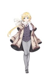 Rule 34 | 1girl, androgynous, blonde hair, blue eyes, chris (princess principal), coat, full body, grey footwear, grey pants, highres, jacket, jacket on shoulders, long hair, looking at viewer, official art, pants, ponytail, princess principal, princess principal game of mission, scarf, shoes, solo, standing, striped, transparent background, trench coat, vertical stripes, vest, white scarf