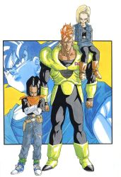 Rule 34 | 1girl, 3boys, alien, android, android 16, android 17, android 18, bandana, black hair, blonde hair, blue eyes, boots, crossed arms, denim, dragon ball, highres, jeans, multiple boys, pants, red hair, shoes, sitting, son goku, standing, toriyama akira, vest