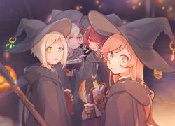 Rule 34 | 2boys, 2girls, black headwear, black robe, blue eyes, blurry, blurry background, book, bookmark, commentary, feathers, flower (vocaloid), flower (vocaloid4), from side, fukase, green eyes, halloween, hat, heterochromia, highres, holding, holding book, hooded robe, jack-o&#039;-lantern, long hair, looking at viewer, looking to the side, mi no take, multicolored hair, multiple boys, multiple girls, night, parted lips, pink hair, purple hair, red eyes, red hair, robe, sf-a2 miki, staff, streaked hair, symbol-only commentary, utatane piko, vocaloid, white hair, witch, witch hat, yellow eyes
