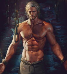 Rule 34 | 1boy, abs, aenaluck, artist name, bara, black pants, blue eyes, bound, bound wrists, chain, chest hair, closed eyes, dirty, dirty face, facial hair, grey hair, highres, large pectorals, male focus, master (aenaluck), muscular, muscular male, navel, nipples, original, pants, pectorals, restrained, short hair, solo, topless male, torn clothes, torn pants