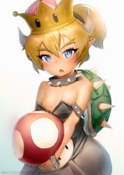 Rule 34 | 1girl, :o, absurdres, aged down, black dress, blue eyes, blush, bowsette, breasts, carbon12th, child, cleavage, collar, crown, dress, earrings, eyebrows, fangs, half-closed eyes, highres, horns, jewelry, mario (series), mushroom, new super mario bros. u deluxe, nintendo, open mouth, patreon username, pointy ears, ponytail, sharp teeth, shell, shoulder spikes, simple background, sleeveless, sleeveless dress, small breasts, solo, spiked collar, spikes, strapless, strapless dress, super crown, sweatdrop, teeth, thick eyebrows, white background