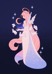 Rule 34 | 1girl, angel wings, bare shoulders, blue background, blue dress, book, crescent moon, dark background, dress, feathers, gradient background, gradient hair, halo, highres, holding, holding book, long dress, long hair, meyoco, moon, multicolored hair, night, night sky, open book, original, pink hair, simple background, sky, sleeveless, sparkle, two-tone dress, very long hair, white dress, white feathers, white rabbit (animal), white wings, wings