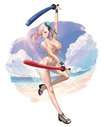 Rule 34 | 1girl, armpits, asymmetrical hair, aztodio, beach, black one-piece swimsuit, blue eyes, blue sky, breasts, cleavage, cloud, cloudy sky, competition swimsuit, day, dual wielding, fate/grand order, fate (series), foreshortening, from side, full body, hair bun, hair ornament, highleg, highres, holding, holding weapon, large breasts, legs apart, leotard, long hair, looking at viewer, miyamoto musashi (fate), miyamoto musashi (swimsuit berserker) (fate), miyamoto musashi (swimsuit berserker) (first ascension) (fate), narrow waist, navel, nipples, nude, one-piece swimsuit, outdoors, outside border, pink hair, ponytail, sandals, self-upload, single side bun, sky, solo, standing, standing on one leg, swimsuit, v-shaped eyebrows, weapon, wide hips