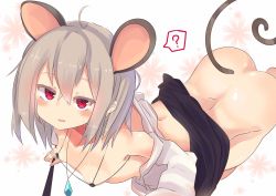 Rule 34 | 1girl, ?, ahoge, animal ears, ass, bad id, bad twitter id, bare shoulders, bikini, bikini top only, black skirt, blush, breasts, clothes lift, grey hair, hair between eyes, highres, holding, jewelry, looking at viewer, micro bikini, micro bikini top, mouse ears, mouse tail, nazrin, necklace, no panties, off shoulder, open mouth, red eyes, shirt, short hair, skirt, skirt lift, small breasts, solo, spoken question mark, sweat, swimsuit, tail, te toga, touhou, white shirt