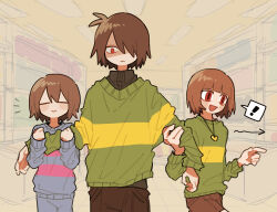 Rule 34 | !, 3others, :d, :|, = =, absurdres, androgynous, arm grab, arrow (symbol), blue sweater, blunt bangs, brown hair, brown pants, chara (undertale), child, closed eyes, closed mouth, cowboy shot, deltarune, expressionless, facing viewer, frisk (undertale), green sweater, hair over one eye, heart pendant, highres, kris (deltarune), long sleeves, multiple others, no nose, notice lines, one eye covered, open mouth, other focus, pants, pointing, red eyes, shaded face, short bangs, short hair, smile, spoken exclamation mark, standing, sweater, tadeno, undertale