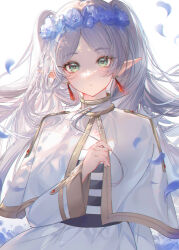 Rule 34 | 1girl, blue flower, capelet, commentary, dress, drop earrings, earrings, elf, english commentary, falling petals, fingernails, floating hair, flower, flower wreath, frieren, green eyes, grey hair, hand up, head tilt, highres, jewelry, kinokohime, long hair, long sleeves, looking at viewer, mixed-language commentary, nemophila (flower), parted bangs, parted lips, petals, pointy ears, shirt, sidelocks, solo, sousou no frieren, striped clothes, striped shirt, twintails, white background, white capelet, white dress, wind