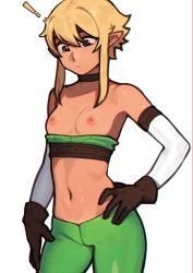Rule 34 | !, 1girl, bandeau, bandeau pull, blonde hair, breasts, brown eyes, brown gloves, choker, cowboy shot, elf, gloves, green bandeau, green pants, hand on own hip, navel, nil sunna, nipples, original, pants, pointy ears, short hair with long locks, simple background, small breasts, solo, sunna (nilsunna), white background