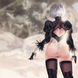 Rule 34 | 1girl, ass, back cutout, boots, clothing cutout, commentary request, feather-trimmed sleeves, from behind, hairband, highleg, highleg leotard, highres, leotard, long sleeves, making-of available, mzcca, nier (series), nier:automata, no pants, short hair, signature, silver hair, skindentation, solo, standing, thigh boots, thighhighs, thighhighs under boots, thighs, white leotard, 2b (nier:automata)