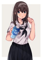 Rule 34 | 1girl, :o, absurdres, black neckerchief, black skirt, blue eyes, blush, bottle, breasts, brown background, brown hair, brown hairband, collarbone, commentary request, fingernails, hair between eyes, hairband, highres, holding, holding bottle, idolmaster, idolmaster cinderella girls, long hair, neckerchief, norazura, parted lips, pleated skirt, pocari sweat, sagisawa fumika, sailor collar, shirt, short sleeves, skirt, small breasts, solo, two-tone background, water bottle, white background, white sailor collar, white shirt