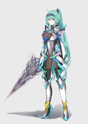 Rule 34 | 1girl, breasts, chest jewel, earrings, full body, gloves, green eyes, green hair, grey background, high heels, highres, holding, holding sword, holding weapon, jewelry, large breasts, long hair, looking at viewer, pneuma (xenoblade), ponytail, sarasadou dan, shadow, simple background, solo, spoilers, standing, swept bangs, sword, tiara, very long hair, weapon, xenoblade chronicles (series), xenoblade chronicles 2