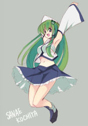 Rule 34 | 1girl, armpits, arms up, character name, detached sleeves, female focus, frog hair ornament, full body, green eyes, green hair, hair ornament, jumping, kochiya sanae, legs together, long hair, looking at viewer, midriff, open mouth, seo tatsuya, simple background, skirt, smile, solo, touhou