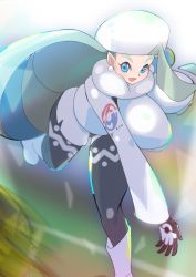 Rule 34 | 1girl, blue eyes, boots, bouncing breasts, breasts, creatures (company), game freak, gloves, hat, highres, huge breasts, impossible clothes, impossible sweater, long hair, masamu3939, melony (pokemon), nintendo, pokemon, pokemon swsh, shorts, sweater, white hair