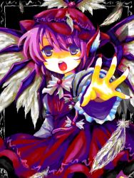 Rule 34 | 1girl, animal ears, artist request, bow, dress, feathers, female focus, fingernails, foreshortening, frills, hair bow, hat, long fingernails, long sleeves, mystia lorelei, nail, nail polish, oekaki, open mouth, pink hair, purple eyes, red nails, sanso, short hair, solo, touhou, wings
