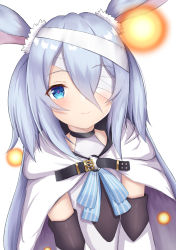 Rule 34 | animal ears, bandage over one eye, bandages, blue eyes, cloak, commentary request, elbow gloves, gloves, highres, little witch nobeta, long hair, monica (little witch nobeta), rabbit ears, silver hair, simple background, smile, solo, tabard, tikken, two side up, upper body, white background, white cloak, white gloves, white tabard