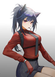 Rule 34 | 1girl, absurdres, animal ears, arknights, belt, black belt, black hair, black necktie, black skirt, breasts, collared shirt, dress shirt, gloves, gradient background, grey background, highres, long hair, looking at viewer, medium breasts, mouth hold, necktie, official alternate costume, pencil skirt, ponytail, red eyes, red gloves, red shirt, red sleeves, shirt, shirt tucked in, sitting, skirt, solo, striped clothes, striped skirt, texas (arknights), texas (willpower) (arknights), watch, wolf ears, wolf girl, wristwatch, yist