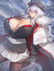 Rule 34 | 1girl, azur lane, breasts, brown gloves, brown pantyhose, cleavage, cloud, cloudy sky, cowboy shot, dutch angle, fur-trimmed jacket, fur trim, gloves, graf zeppelin (azur lane), hand on own chest, hat, highres, huge breasts, jacket, jacket on shoulders, long hair, long sleeves, looking at viewer, melon22, miniskirt, pantyhose, parted lips, peaked cap, pleated skirt, purple eyes, skirt, sky, solo, standing, white hair