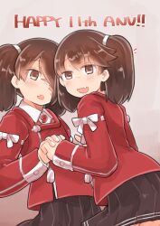 Rule 34 | 2girls, anniversary, black skirt, brown eyes, brown hair, commentary request, cowboy shot, dual persona, enjaku izuku, fang, grey background, hair over one eye, highres, holding hands, kantai collection, long hair, magatama, multiple girls, pleated skirt, red shirt, ryuujou (kancolle), scar, shirt, skin fang, skirt, twintails