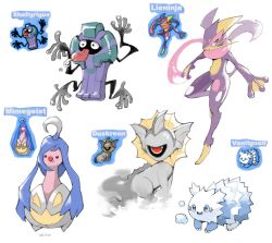 Rule 34 | black eyes, black sclera, character name, closed mouth, cofagrigus, colored sclera, commentary, creatures (company), dusknoir, fakemon, fusion, game freak, gen 1 pokemon, gen 3 pokemon, gen 4 pokemon, gen 5 pokemon, gen 6 pokemon, gourgeist, greninja, highres, liepard, milka (milk4ppl), mime jr., nintendo, open mouth, pokemon, pokemon (creature), red eyes, red pupils, saliva, shellder, signature, smile, tongue, tongue out, vanillite, vaporeon, white background, yellow eyes, zigzagoon