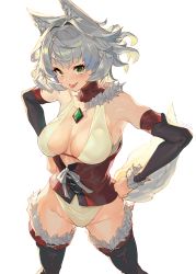 Rule 34 | 1girl, :p, absurdres, animal ears, boots, bow, breasts, brooch, cameltoe, corset, croriin, detached sleeves, from above, fur trim, green eyes, hands on own hips, highleg, highres, jewelry, large breasts, original, silver hair, simple background, skindentation, smile, solo, thigh boots, thighhighs, tongue, tongue out, white background