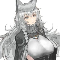 Rule 34 | 1girl, animal ears, arknights, blue eyes, braid, breasts, diadem, grey hair, hair between eyes, hair over shoulder, highres, huge breasts, jewelry, long hair, long sleeves, looking at viewer, necklace, pandea work, parted lips, pramanix (arknights), shirt, shrug (clothing), simple background, solo, upper body, white background, white shirt